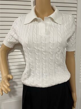 White Cable-Knit Polo Short Sleeve Sweater Top
